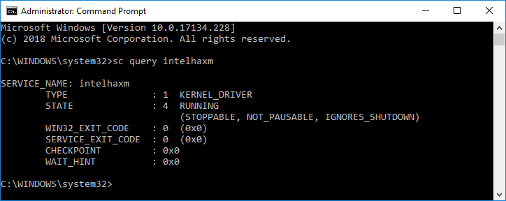 Output from sc query command when HAXM is available