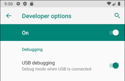 Developer options screen on Android