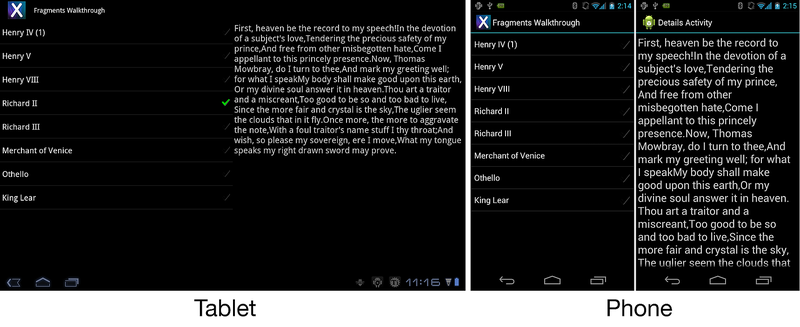 Screenshots of ListFragment on a tablet and on a phone