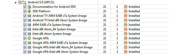 Installing Android 5.0 SDK packages in the Android SDK Manager