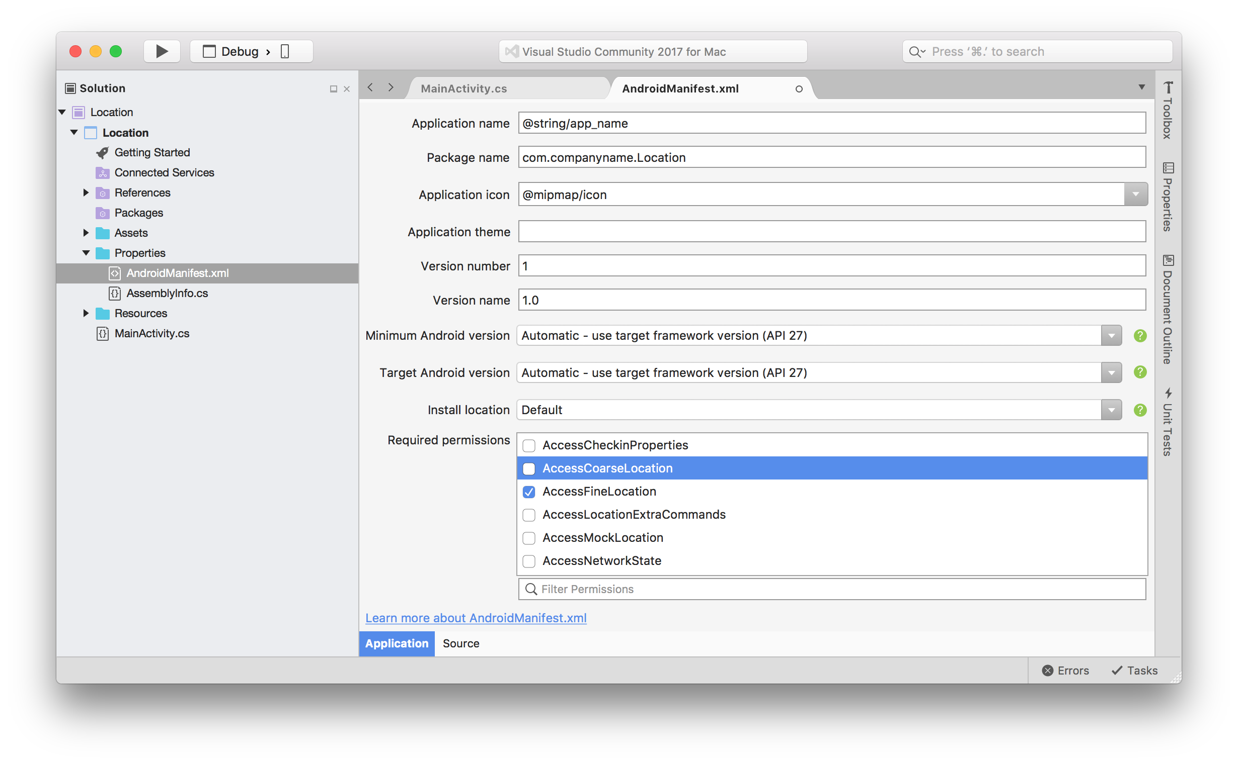 Screenshot of the Android Manifest Required Permissions settings