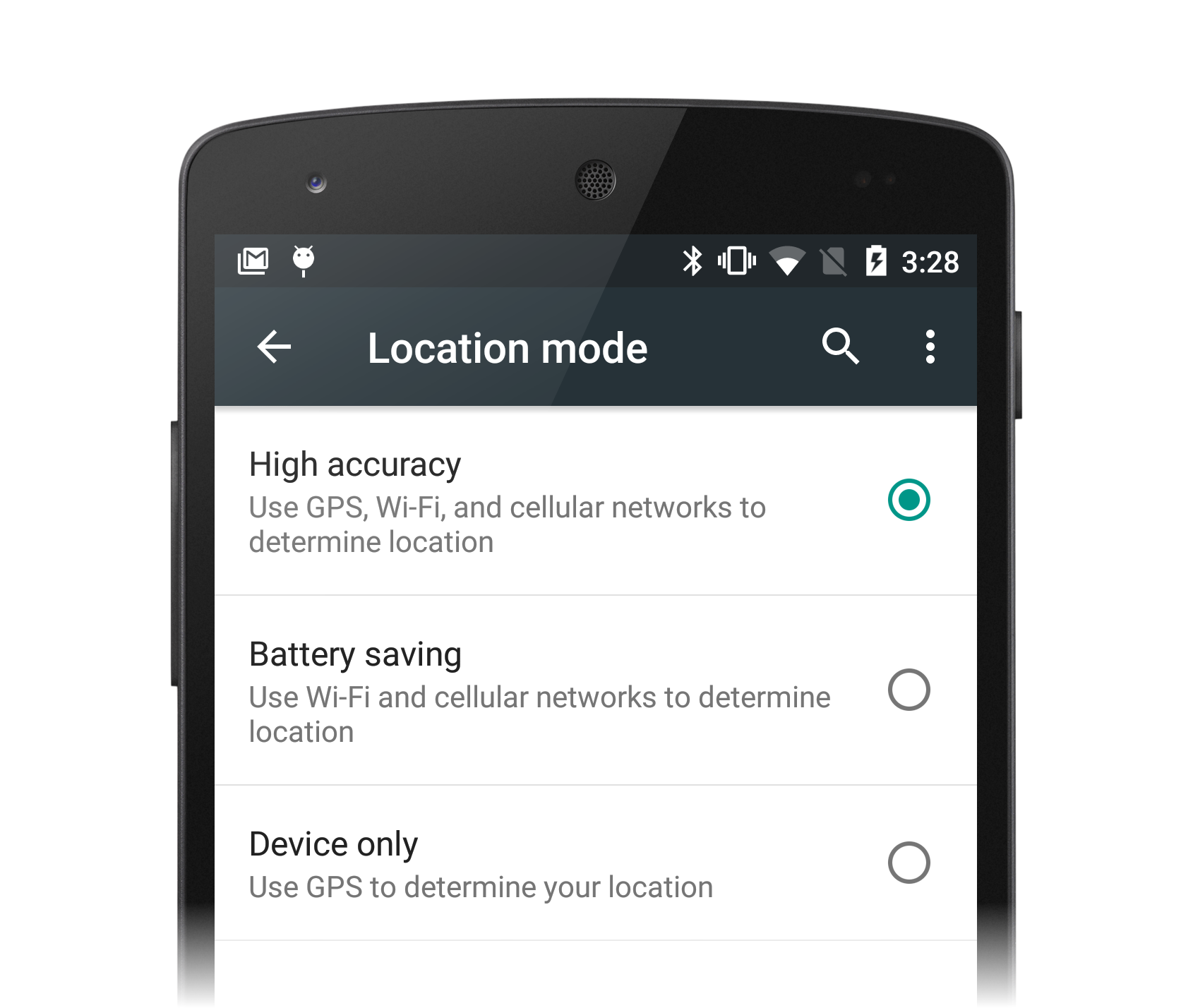 Settings Location Mode screen on an Android phone