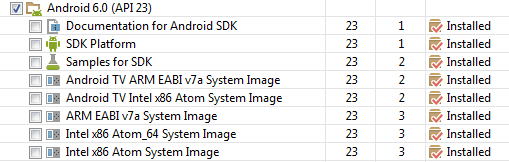 Selecting Android 6.0 SDK packages in the Android SDK Manager