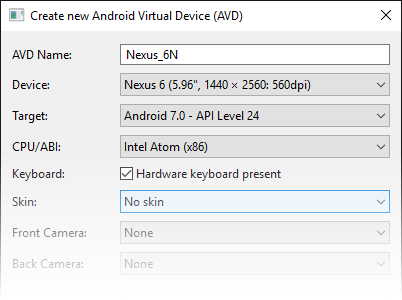 Configuring an AVD using Nexus 6 device, Android 7.0 target, and Intel Atom x86 CPU/ABI