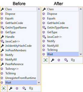 Example IntelliSense suggestions before and after