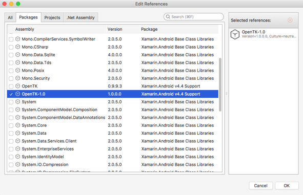 Visual Studio for Mac Edit References window with OpenTK version 1.0.0.0 selected