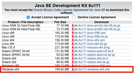 Selecting the Windows x64 JDK package to download from the JDK download page
