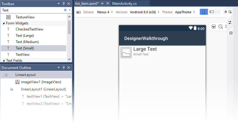 Screenshot shows the Designer surface with Toolbox, Document Outline, and layout area.
