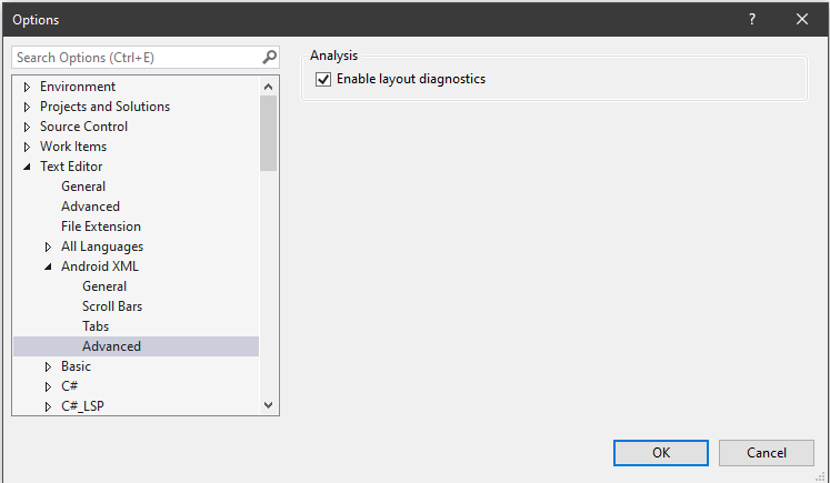 Options dialog showing how to enable diagnostics option