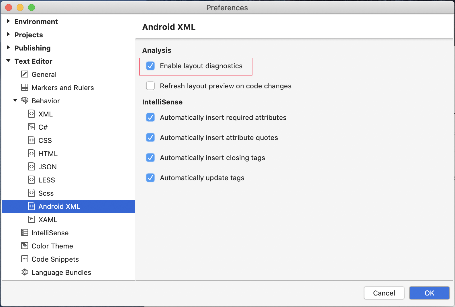 Preferences dialog showing how to enable diagnostics option