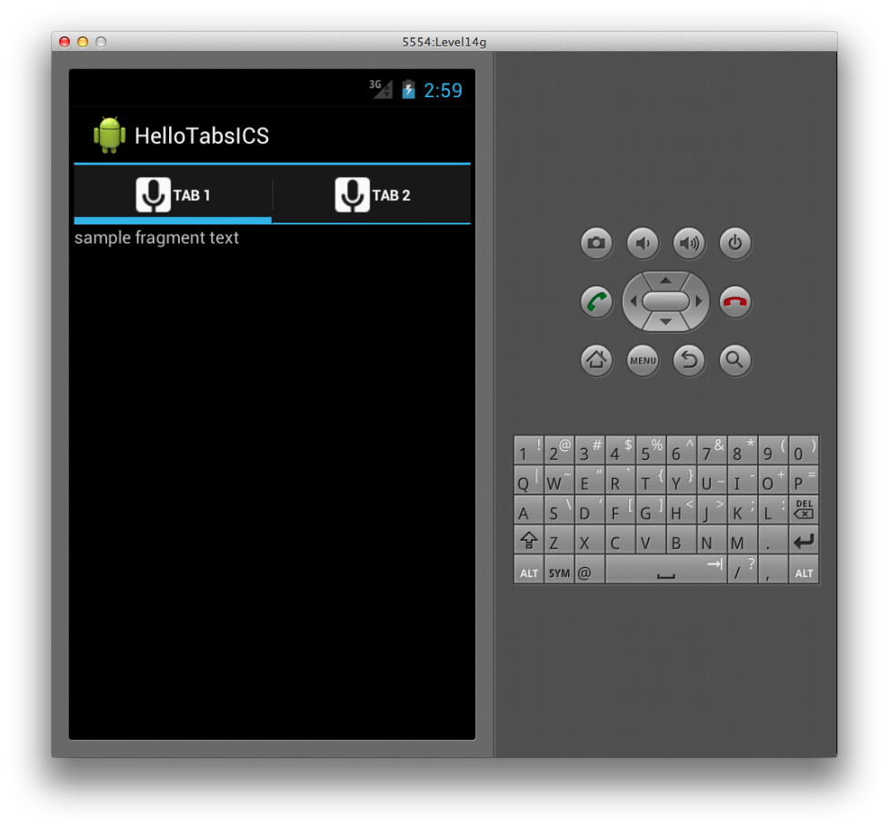 Screenshot of app running in an emulator; two tabs are shown