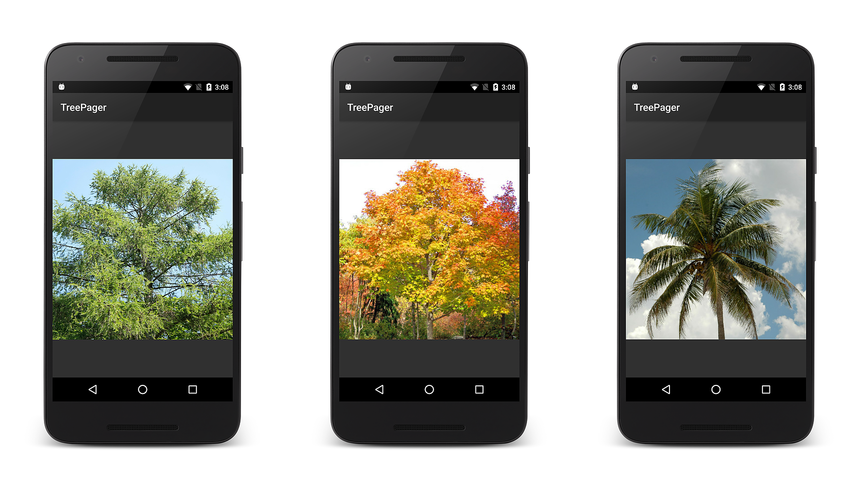 Screenshots of TreePager app swiping through tree images