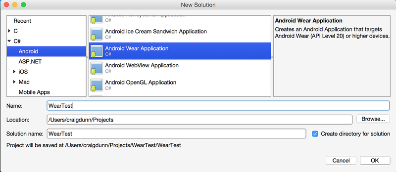 Creating a new Android Wear Application in the New Solution dialog