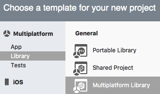 Screenshot shows Choose a template with Multiplatform Library selected.