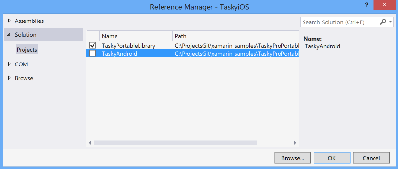 Add a reference to a PCL via the Add Reference Projects tab