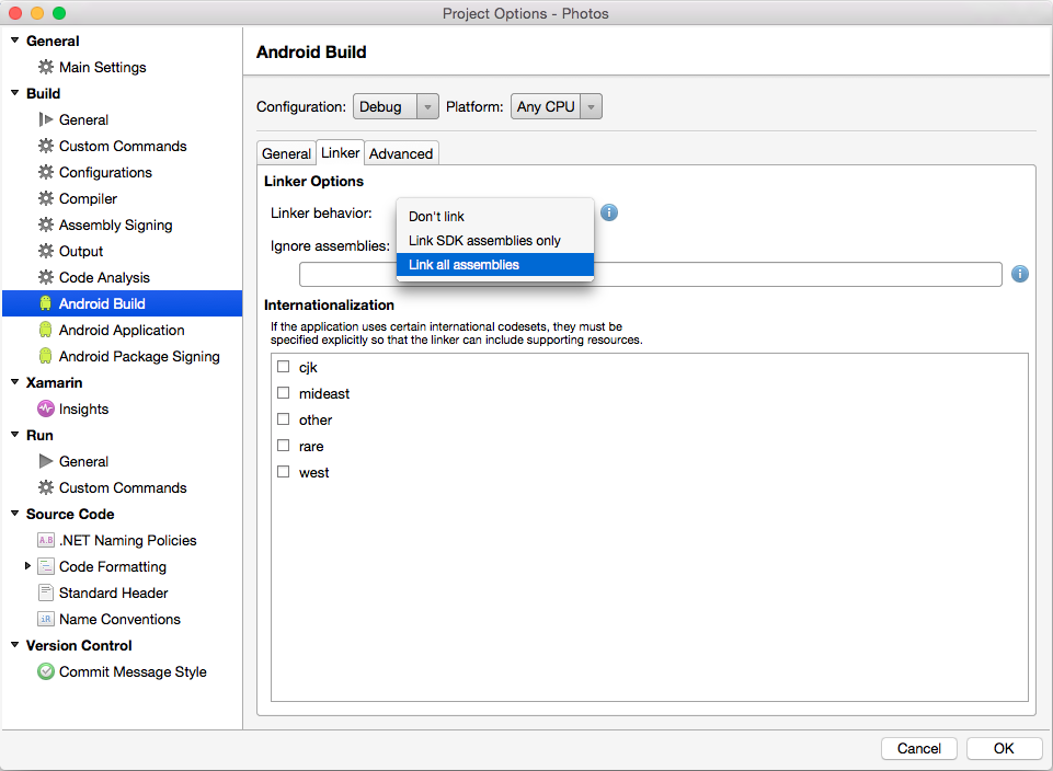 Linker options for Xamarin.Android