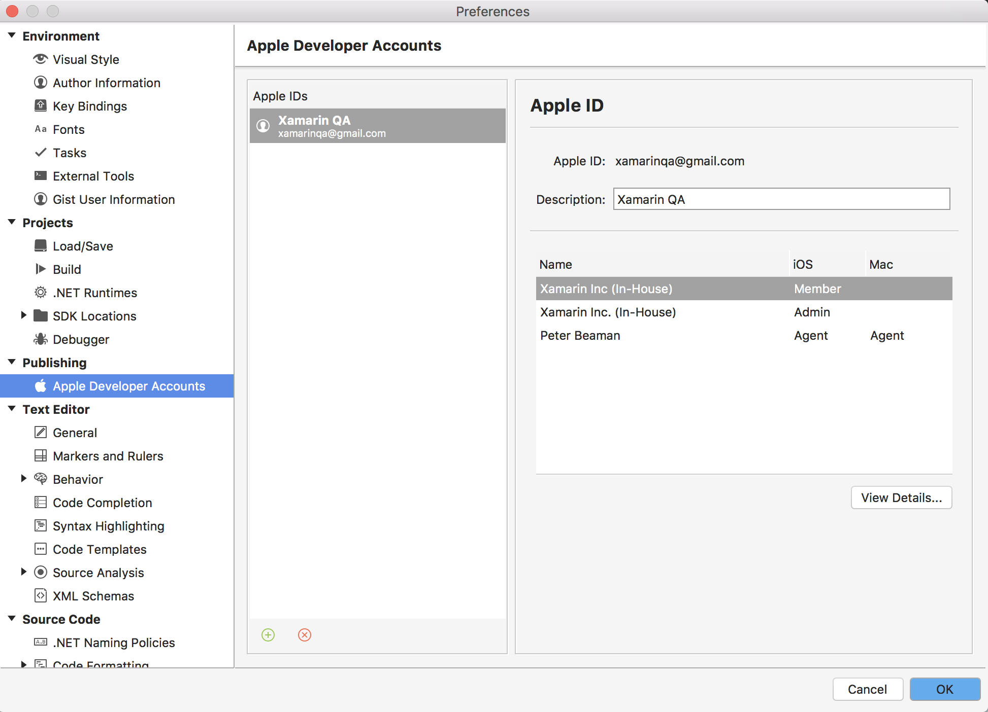 Apple developer account dialog with accounts added