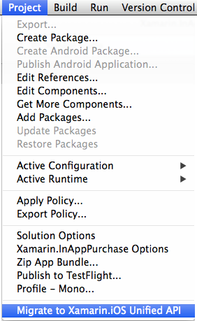 Choose Migrate to Xamarin.iOS Unified API from the Project menu