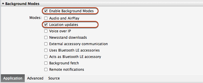 Place a check by both the Enable Background Modes and the Location Updates checkboxes