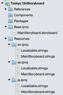 Screenshot shows the resources tree for a sample including the location of MainStoryboard strings.