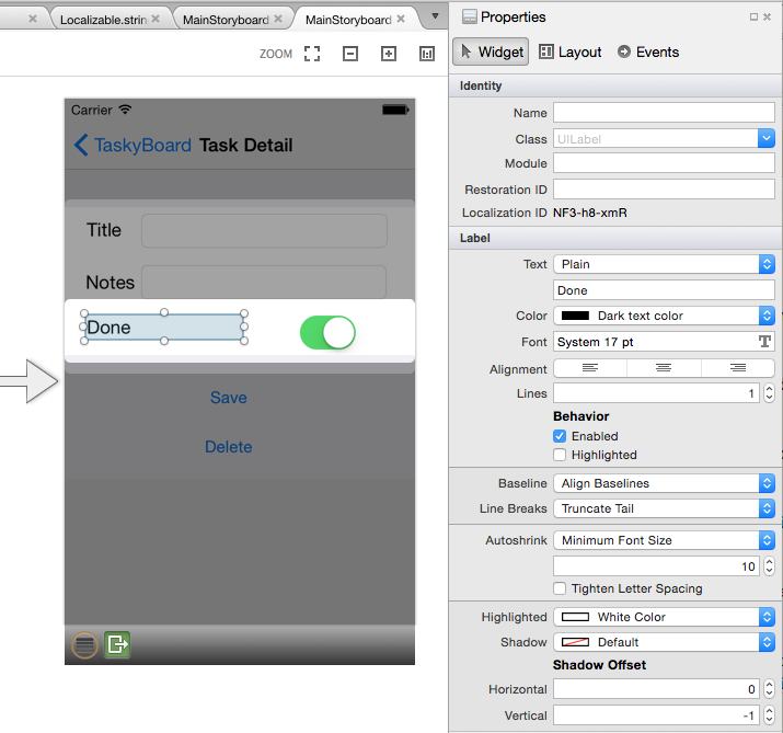 Xcode view of Storyboard localization