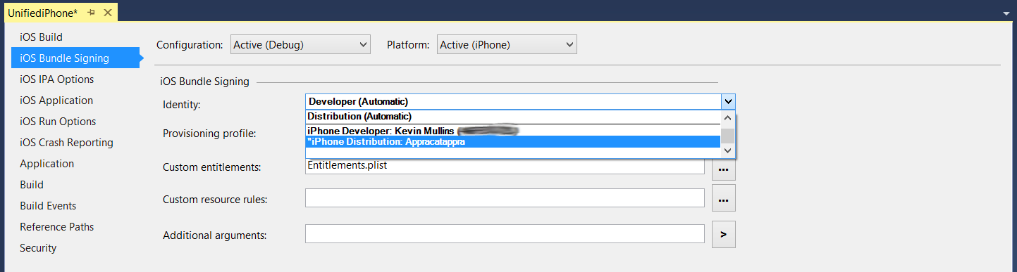 Select the Signing Identity and Distribution Profile