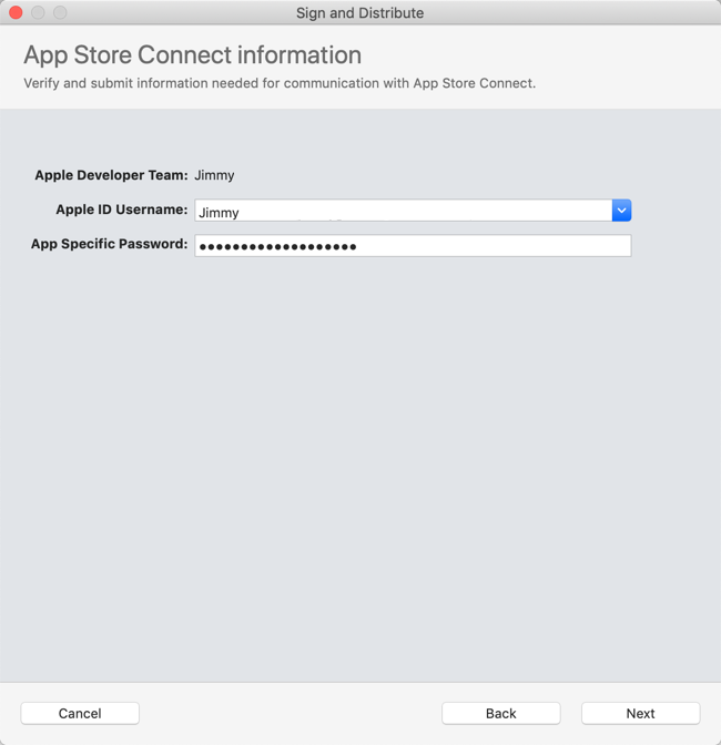 Screenshot of the App Store Connect information wizard page showing an Apple ID user name selected. Screenshot of the App Store Connect information wizard page showing an Apple ID user name selected.