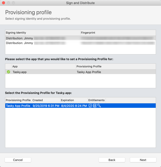Screenshot of the Provisioning profile wizard page showing a valid signing identity, app, and provisioning profile selection.