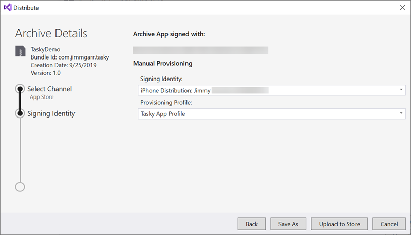 Screenshot of the publishing wizard showing a valid signing identity and provisioning profile selection.