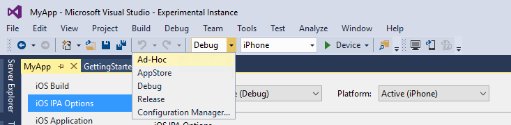 Select Ad Hoc from the Build Configuration dropdown