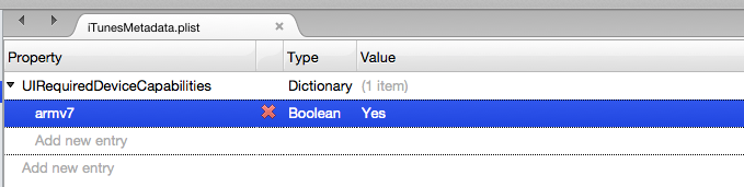 Enter armv7 for the key name, select a type of Boolean and enter Yes as the value