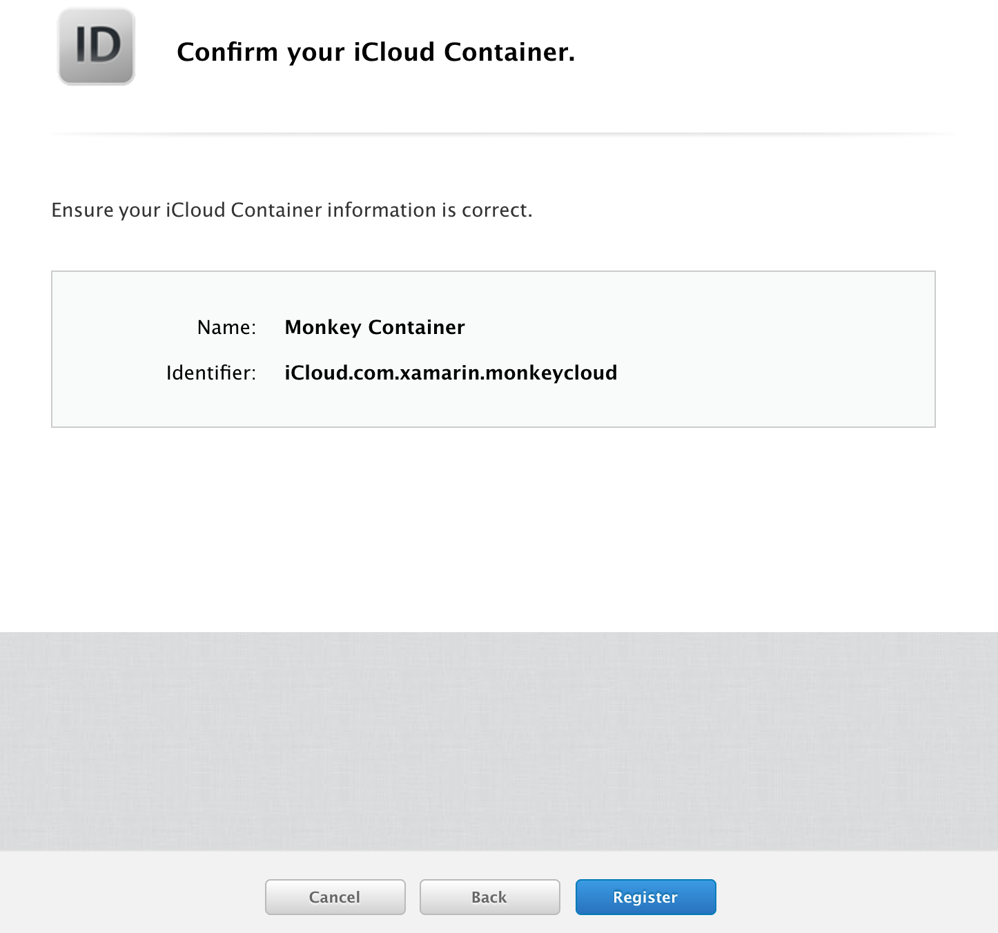 Screenshot shows Confirm your i Cloud container.