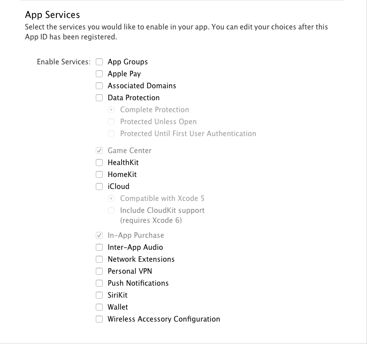 App Services selection page