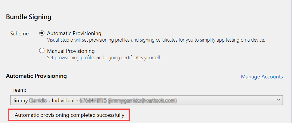 Screenshot of the bundle signing page highlighting the message "Automatic provisioning completed successfully".