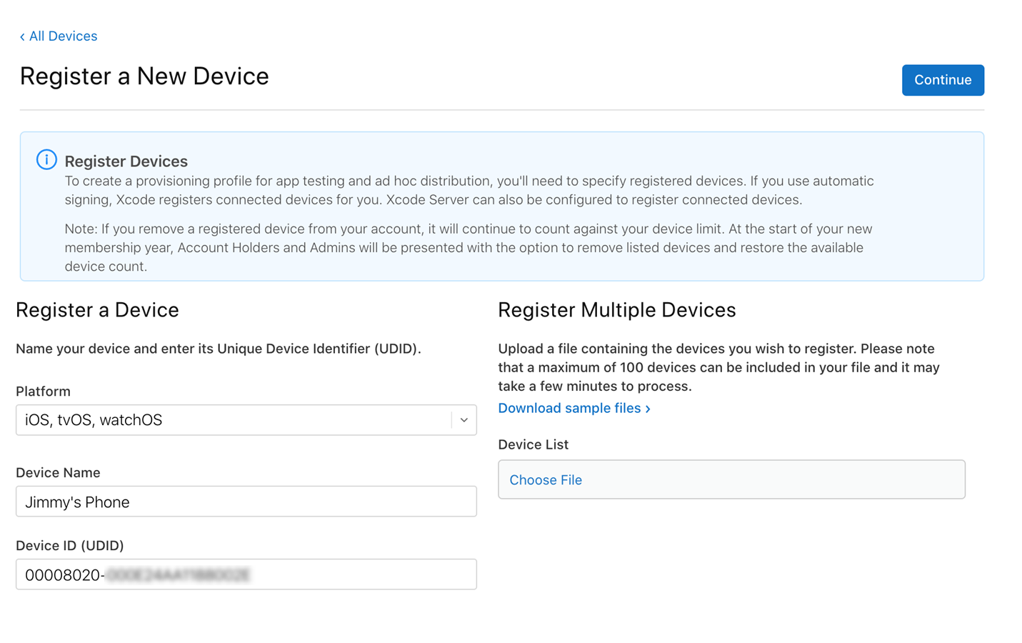 Screenshot of the new device registration page with the fields correctly populated.