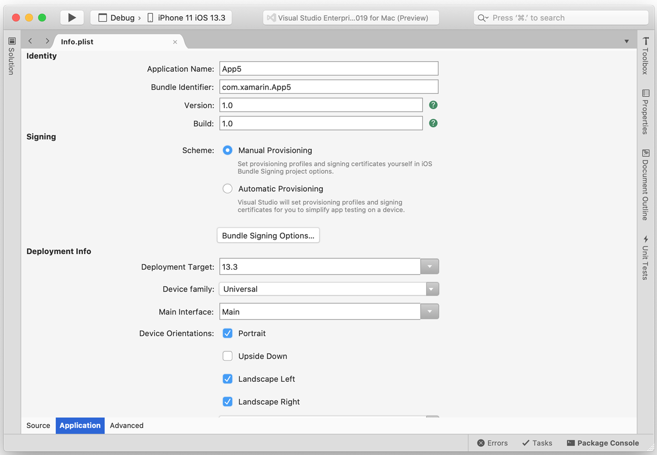 Screenshot of Info.plist in Visual Studio for Mac with manual provisioning selected