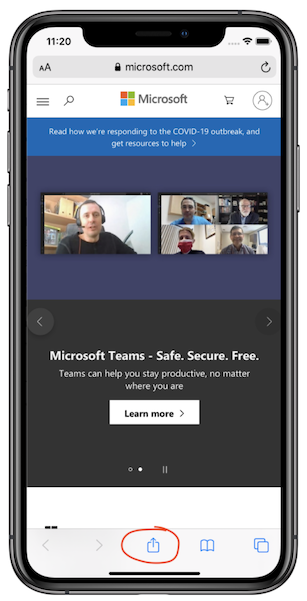 Screenshot shows a Microsoft Teams Learn more page with the Share icon highlighted on a mobile device.