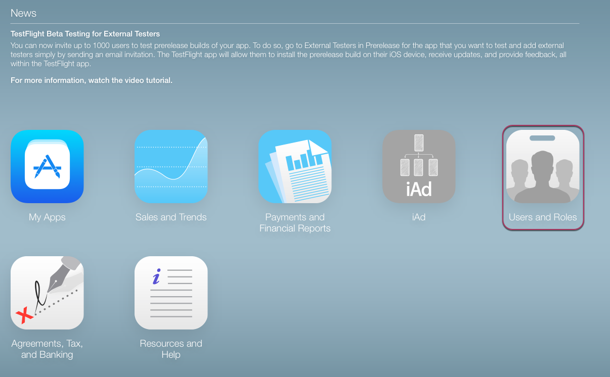 To create test users in iTunes Connect click on Users and Roles on the main page