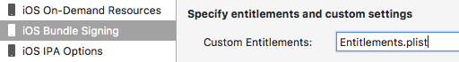 Project options showing Entitlements correctly set