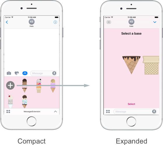 A Message App Extension displayed in two different view modes: Compact & Expanded