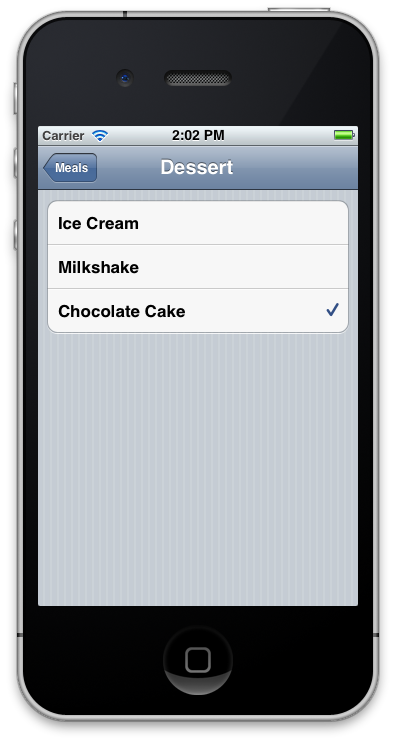 This screenshot below shows a table on the left with a cell containing the title of the detail screen on the right, Dessert, along with the value of the selected desert