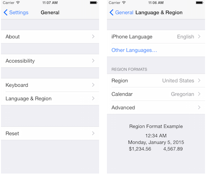 The iOS Settings app Localization settings