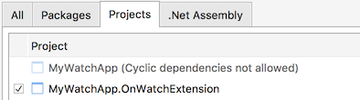 Screenshot shows the Projects tab with MyWatchApp dot OnWatchExtension selected.