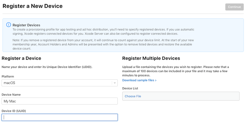 Screenshot shows the Register a New Device page where you can enter the name and U U I D.