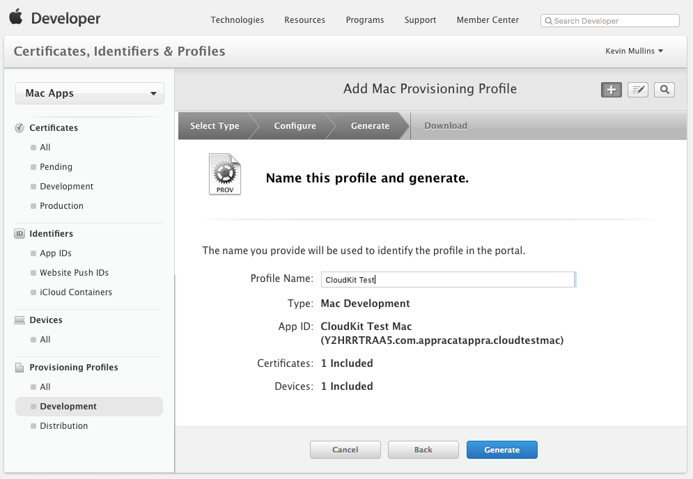 Screenshot shows entering the Profile Name into the provisioning window.