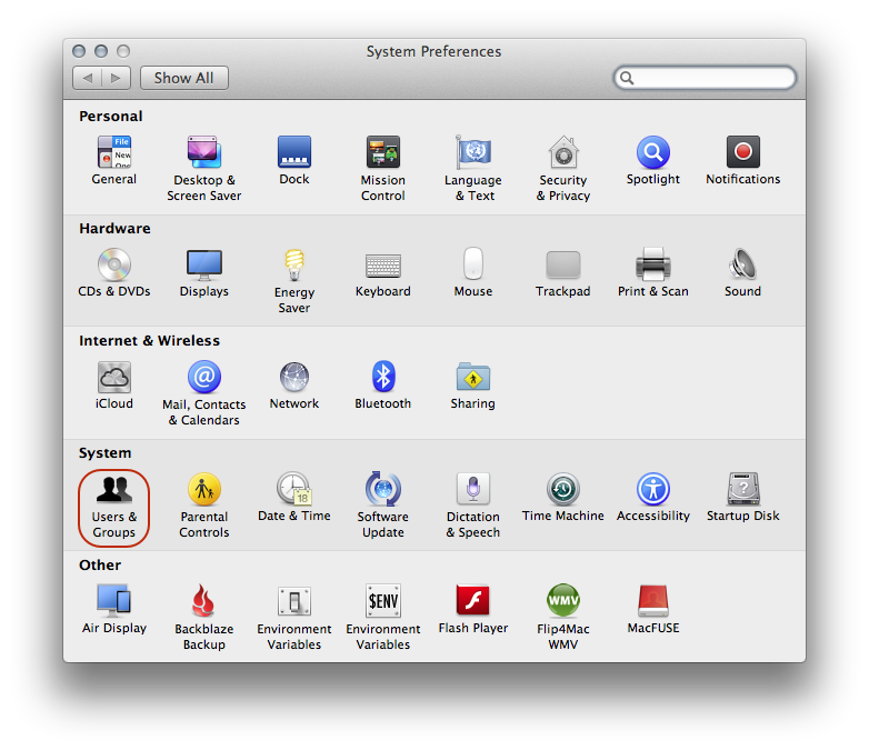 Open the System Preferences, and select the User  Groups icon as shown in this screenshot