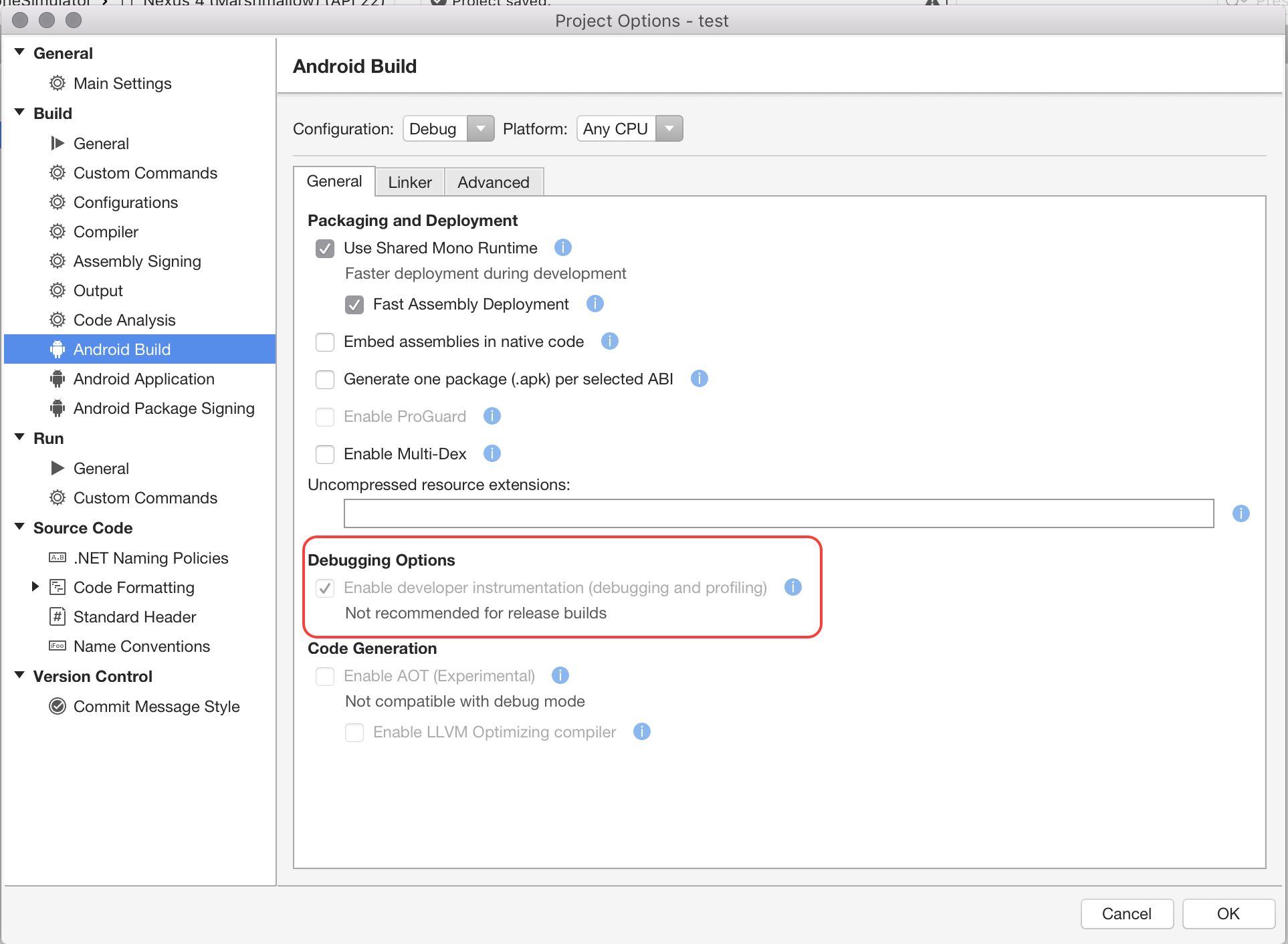 Android Options Dialog in Visual Studio for Mac