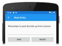 Screenshot shows a Note Entry on a mobile device with a blue banner.