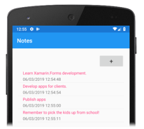 Screenshot shows a Notes screen on a mobile device with a blue banner and colored note text.