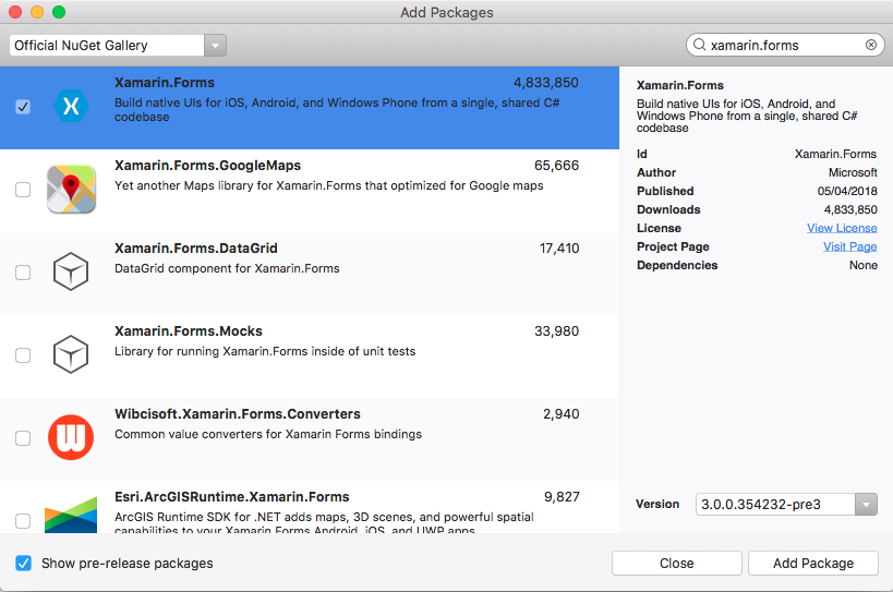 Select the Xamarin.Forms NuGet package